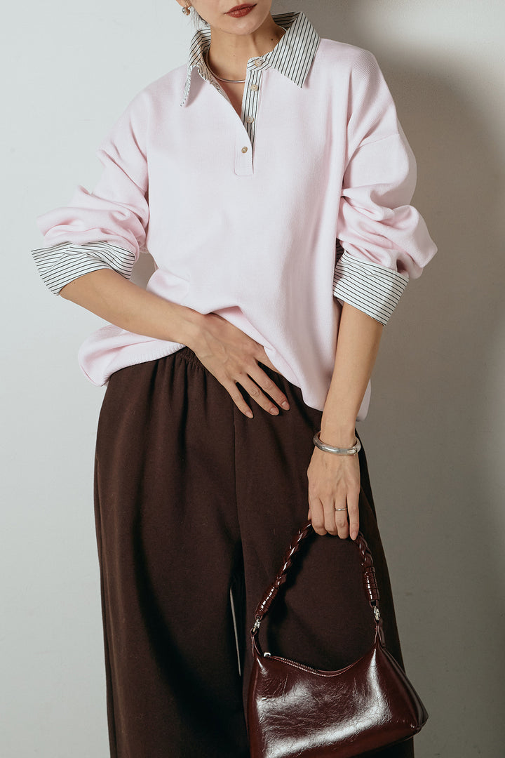 [SET]ストライプシャツドッキングポロトップス+裏起毛スウェットワイドパンツ(2set)