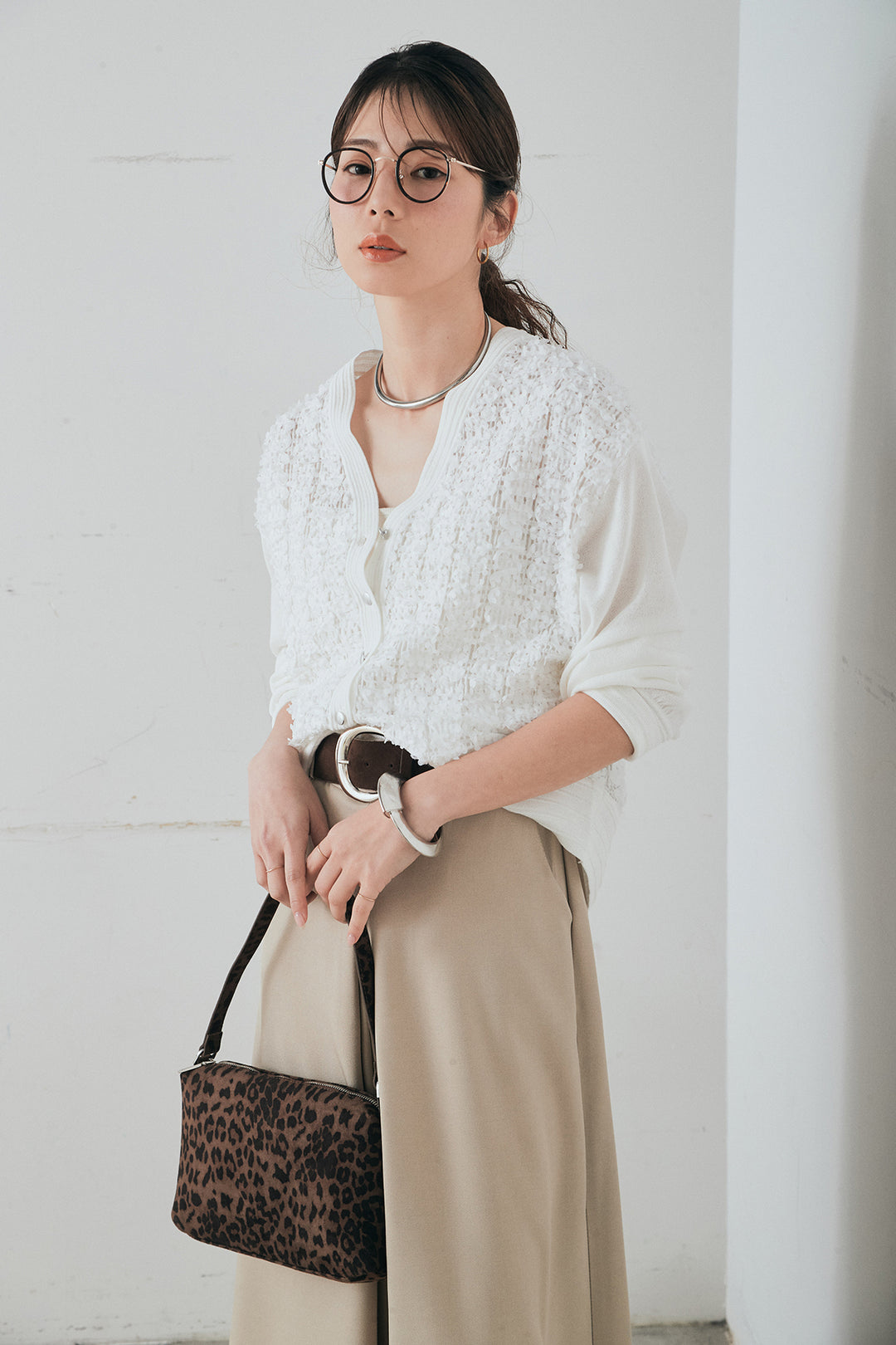 [SET]モコレースVネックカーディガン+太ベルト付きフロントタックパンツ(2set)