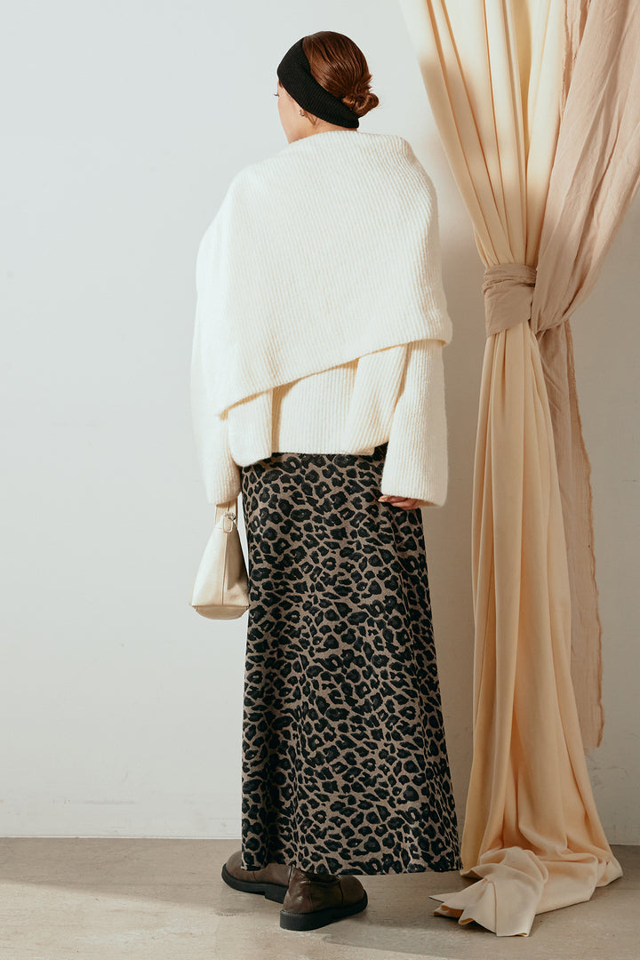 [SET]ケープデザインリブニットトップス+レオパードロングスカート(2set)