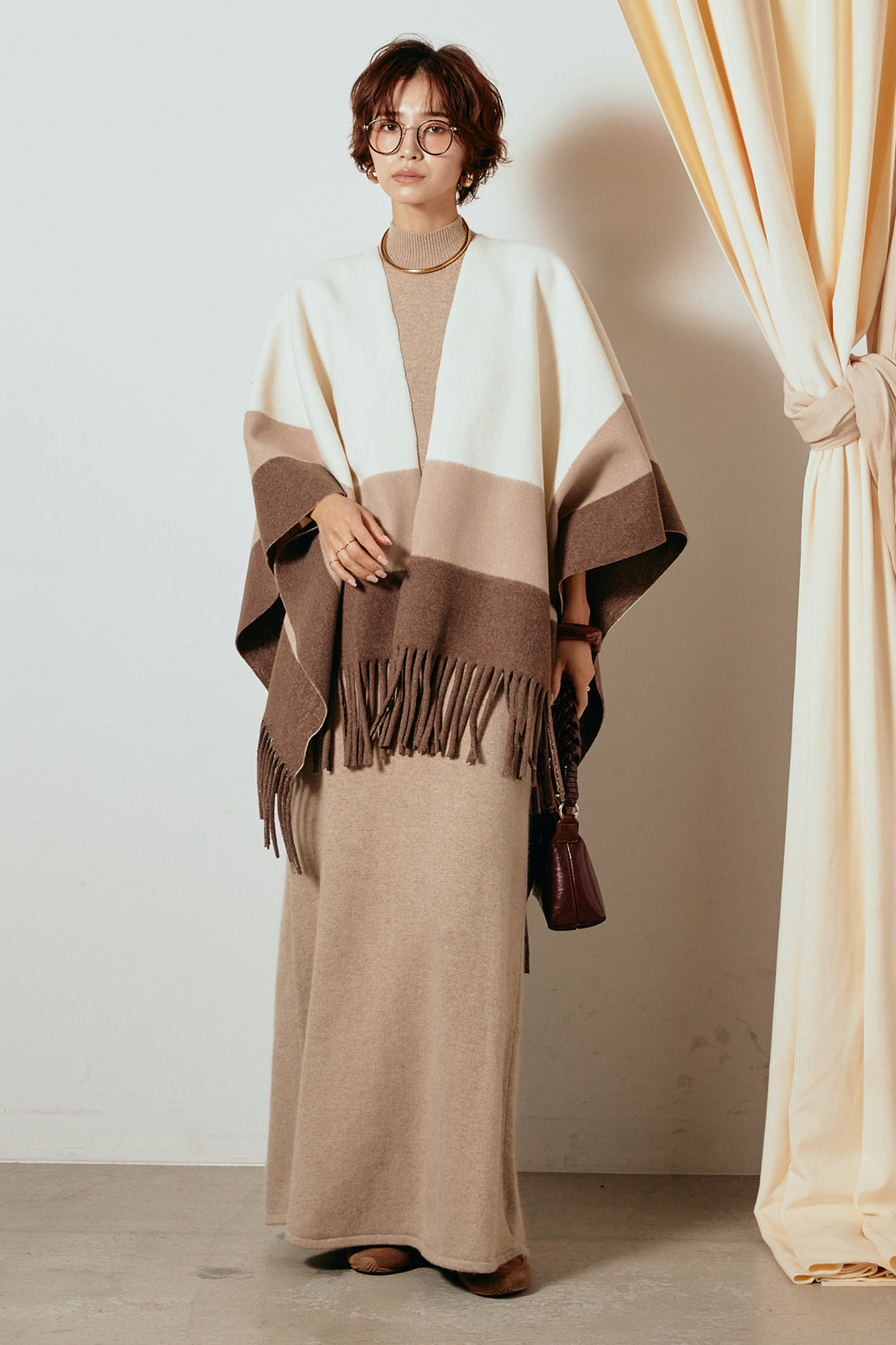 [SET]裾フリンジ柄ポンチョアウター+ノースリーブニットロングワンピース(2set)
