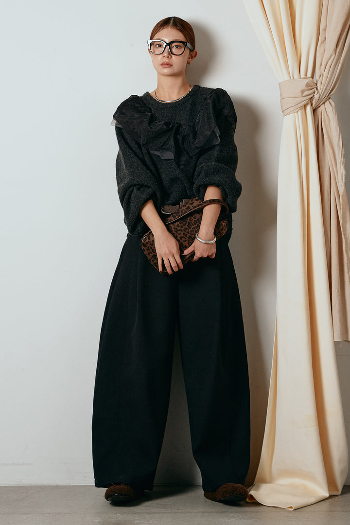 [SET]アシンメトリーフリルニットトップス+ポーチベルト付きカーブパンツ(2set)