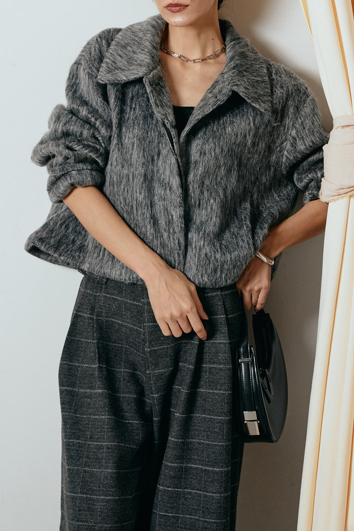 [SET]シャギーショートジャケット+スクエアチェック柄ワイドパンツ(2set)