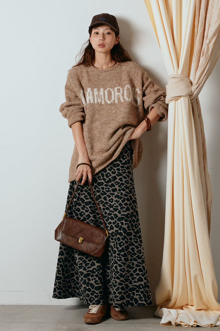 [SET]フロントロゴデザインニットトップス+レオパードロングスカート(2set)