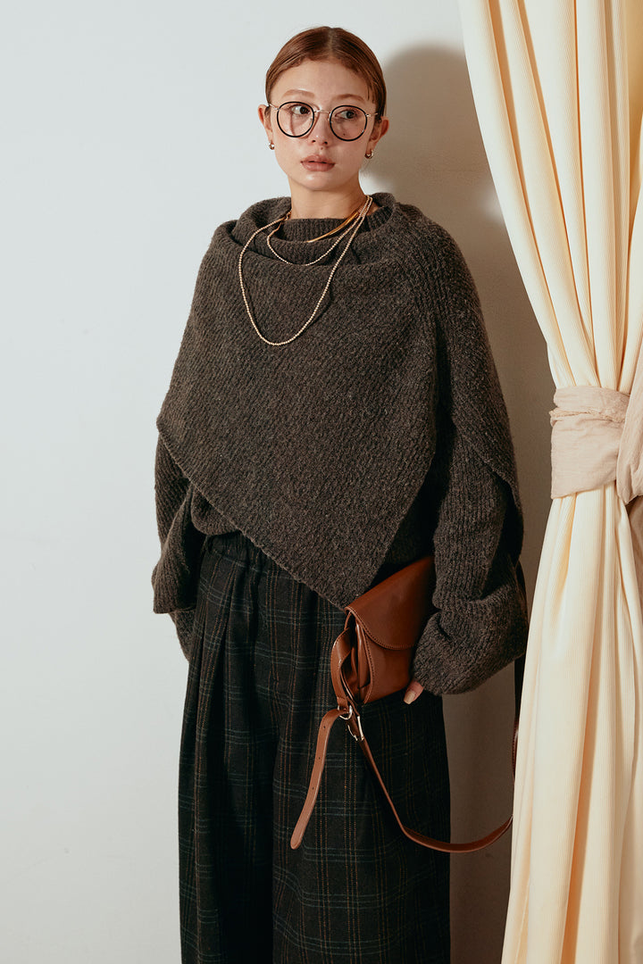 [SET]ケープデザインリブニットトップス+タータンチェック柄タックパンツ(2set)