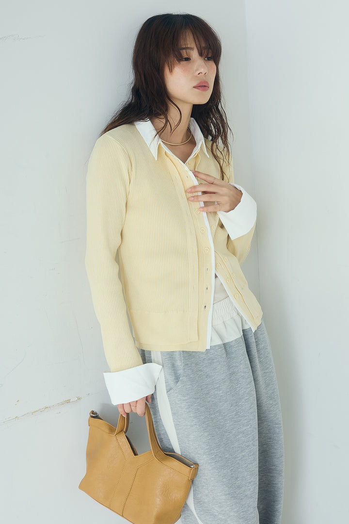 [SET]シャツドッキングボタンニットカーディガン+異素材切り替えスウェットパンツ(2set)