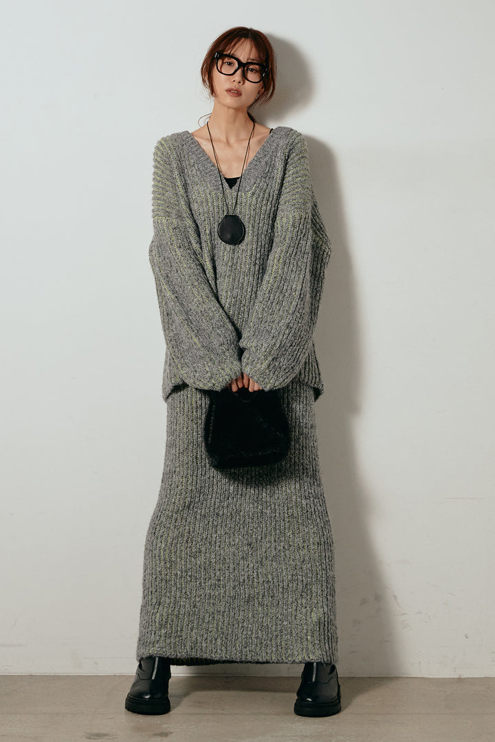 [SET]アルパカタッチ深Vニットトップス+アルパカタッチニットタイトスカート(2set)