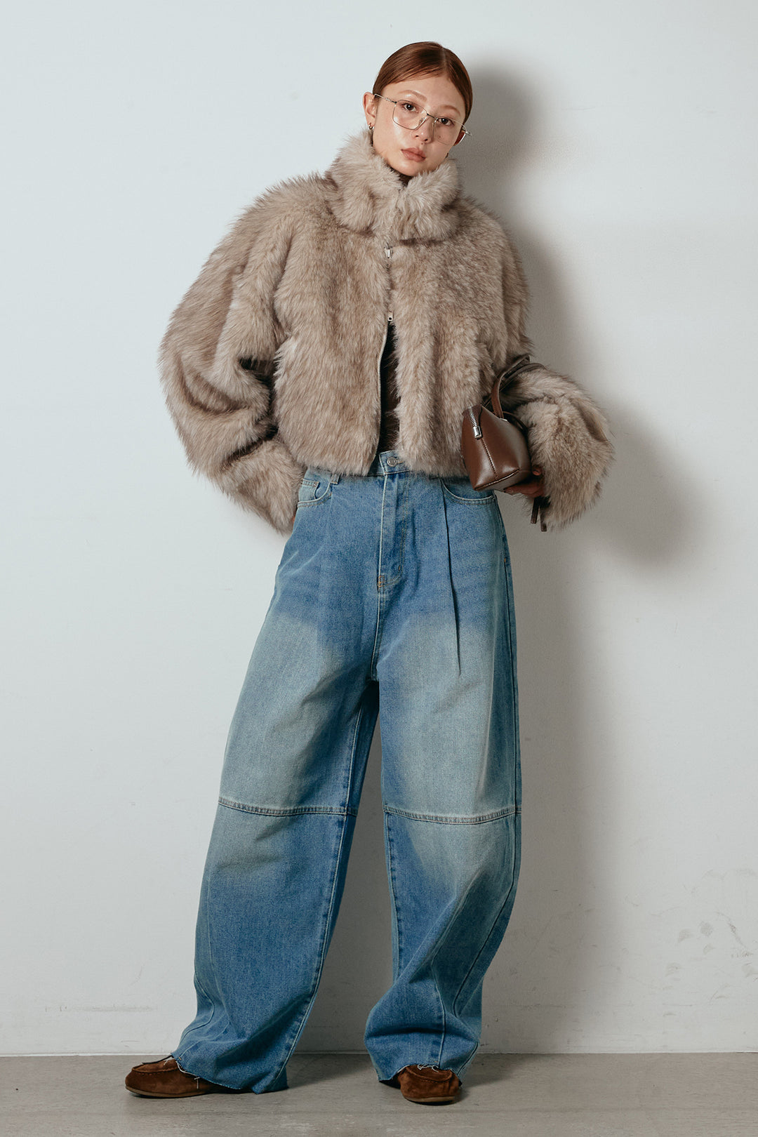 [SET]エコファーショート丈ブルゾン+加工デニムタックコクーンワイドパンツ(2set)