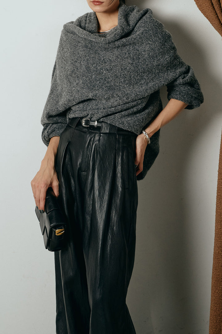 [SET]ネック巻きデザインニットトップス+ベルト付きレザーライクタックパンツ(2set)