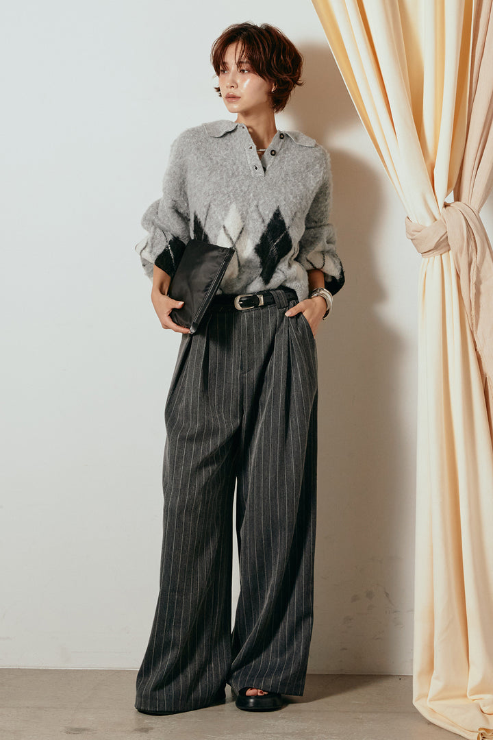 [SET]アーガイル柄ポロニットトップス+ストライプヘリンボーンパンツ(2set)