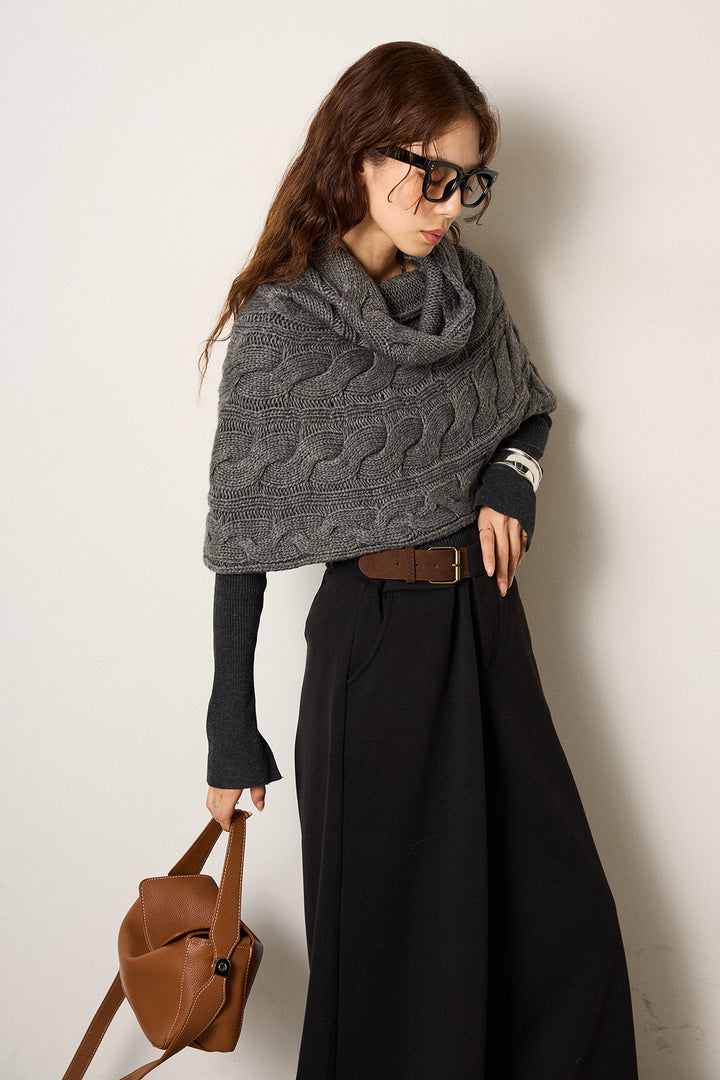 [SET]ケーブル編みケープレイヤードニット+サイドベルトパンツ(2set)