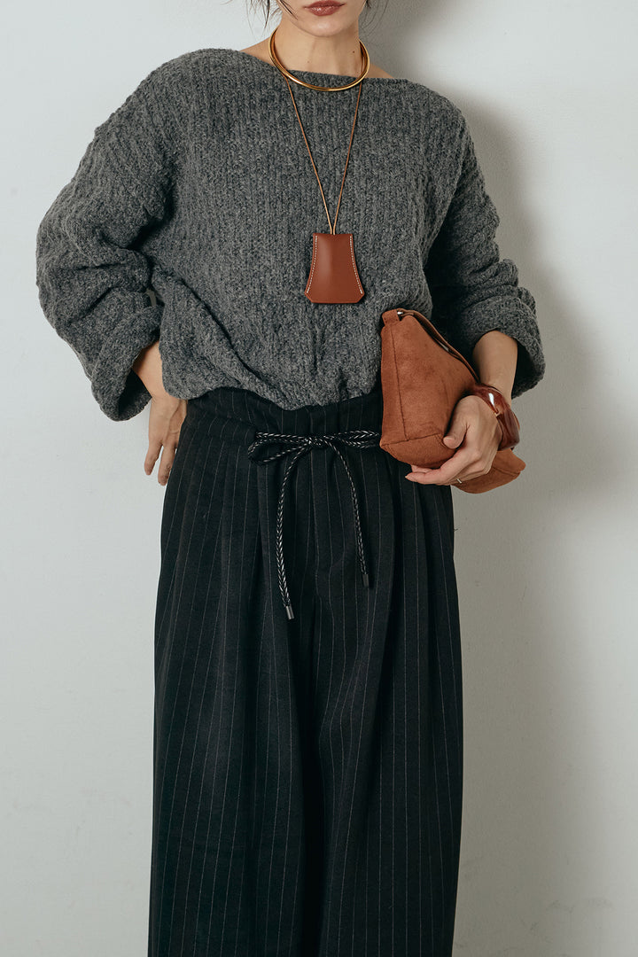 [SET]ボリューム編みニットプルオーバー+編みベルト付きピンストライプワイドパンツ(2set)