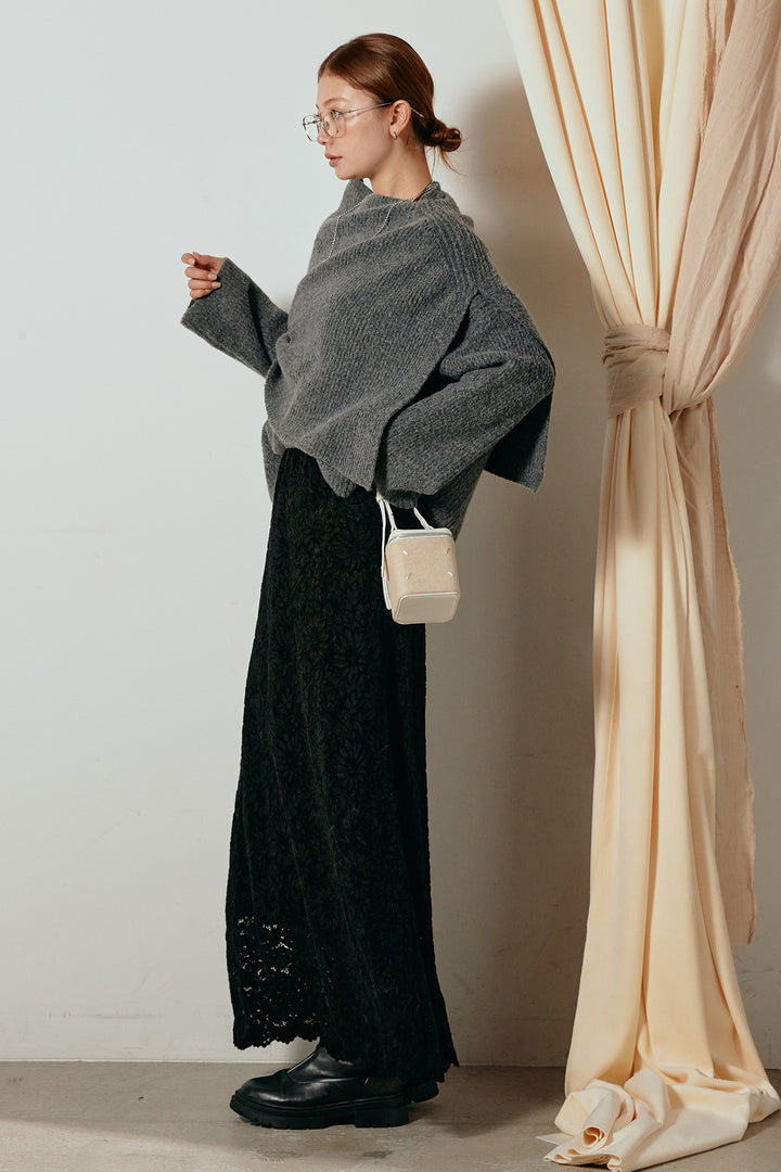 [SET]ケープデザインリブニットトップス+花柄刺繍ベロアフレアスカート(2set)