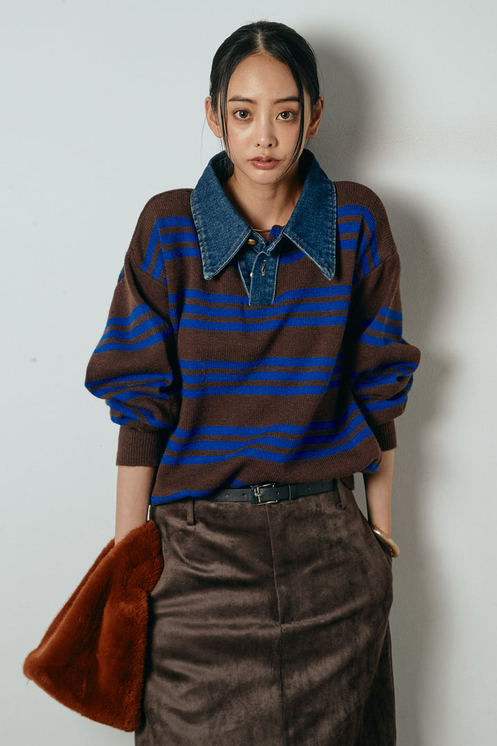 [SET]デニムレイヤード風ランダムボーダーニットプルオーバー+エコスウェードワイドスカート(2set)