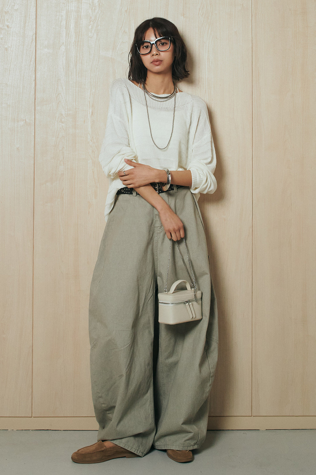 [SET]麻混リラックスニットトップス+ベルト付きカラーデニムパンツ(2set)