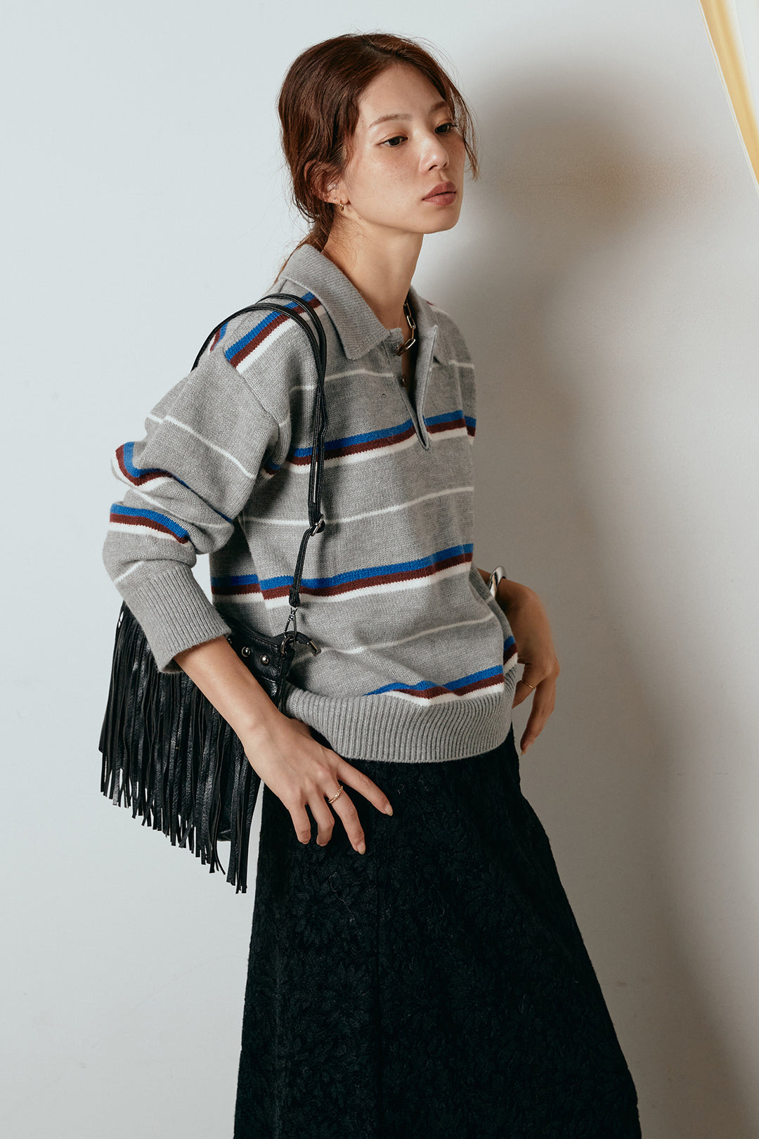 [SET]襟付きマルチボーダーニットポロトップス+花柄刺繍ベロアフレアスカート(2set)