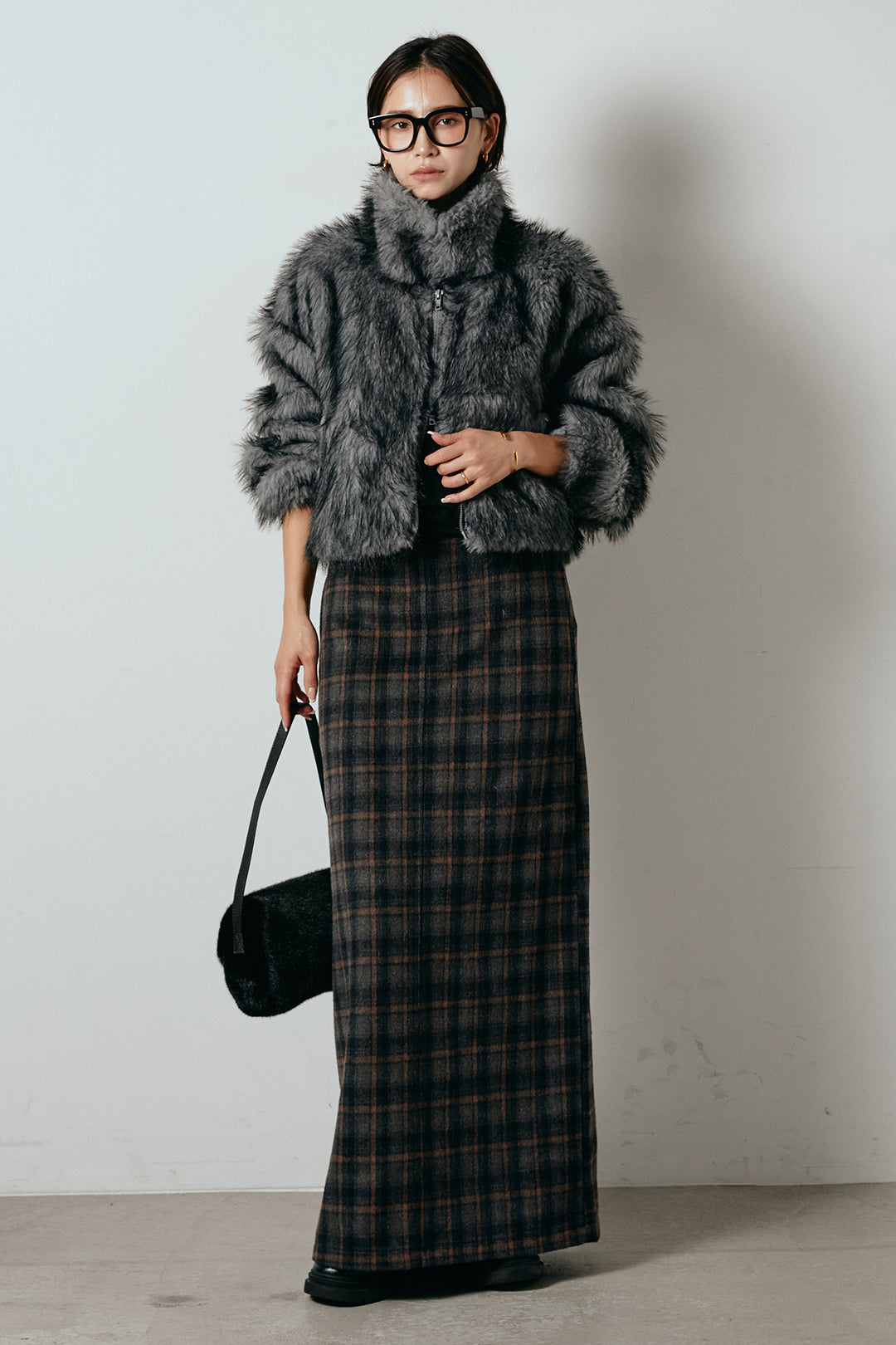 [SET]エコファーショート丈ブルゾン+シャギーチェックストレートスカート(2set)