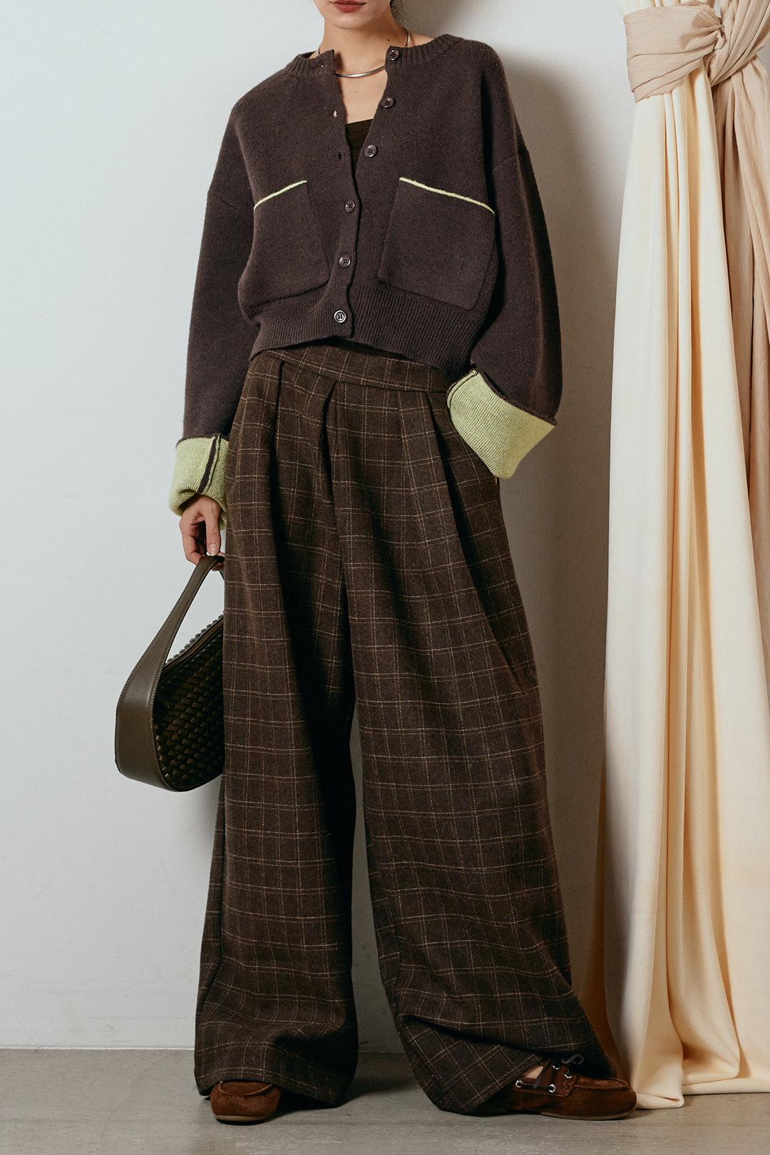 [SET]アルパカタッチダブルフェイスカーディガン+ウールライクチェックタックパンツ(2set)