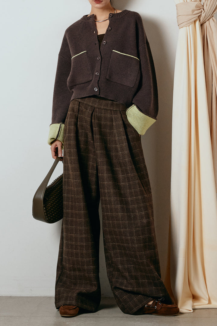 [SET]アルパカタッチダブルフェイスカーディガン+ウールライクチェックタックパンツ(2set)