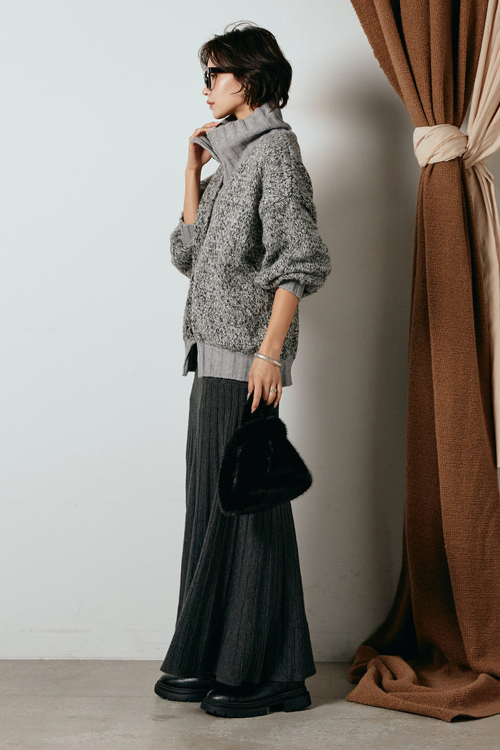 [SET]ハイネックミックスニットカーディガン+編み地切り替えフレアニットスカート(2set)