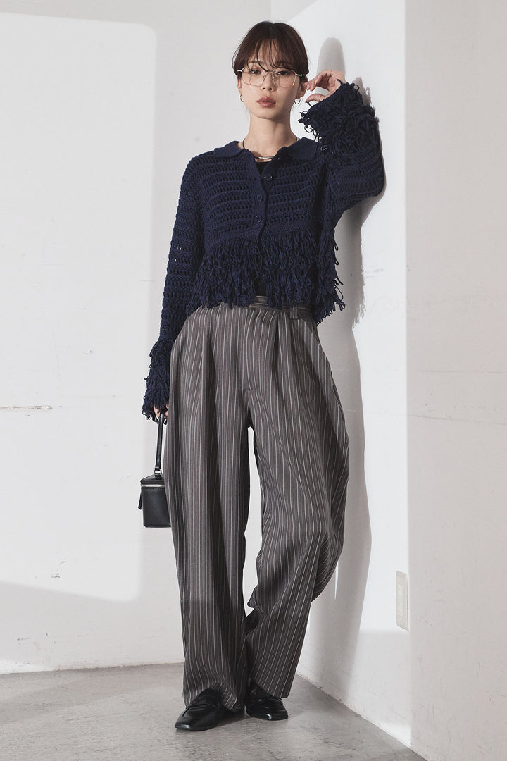 [SET]メッシュフリンジカーディガン+ヘリンボーンストライプツータックパンツ(2set)