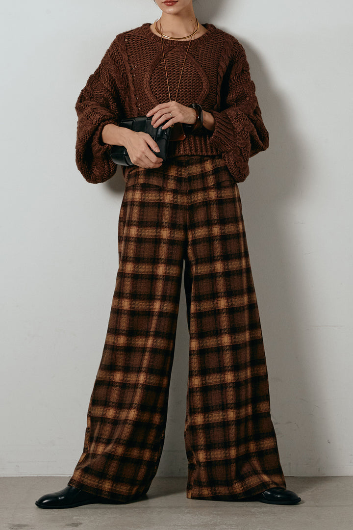 [SET]ロービングケーブルショート丈プルオーバー+ルーズタータンチェックワイドパンツ(2set)