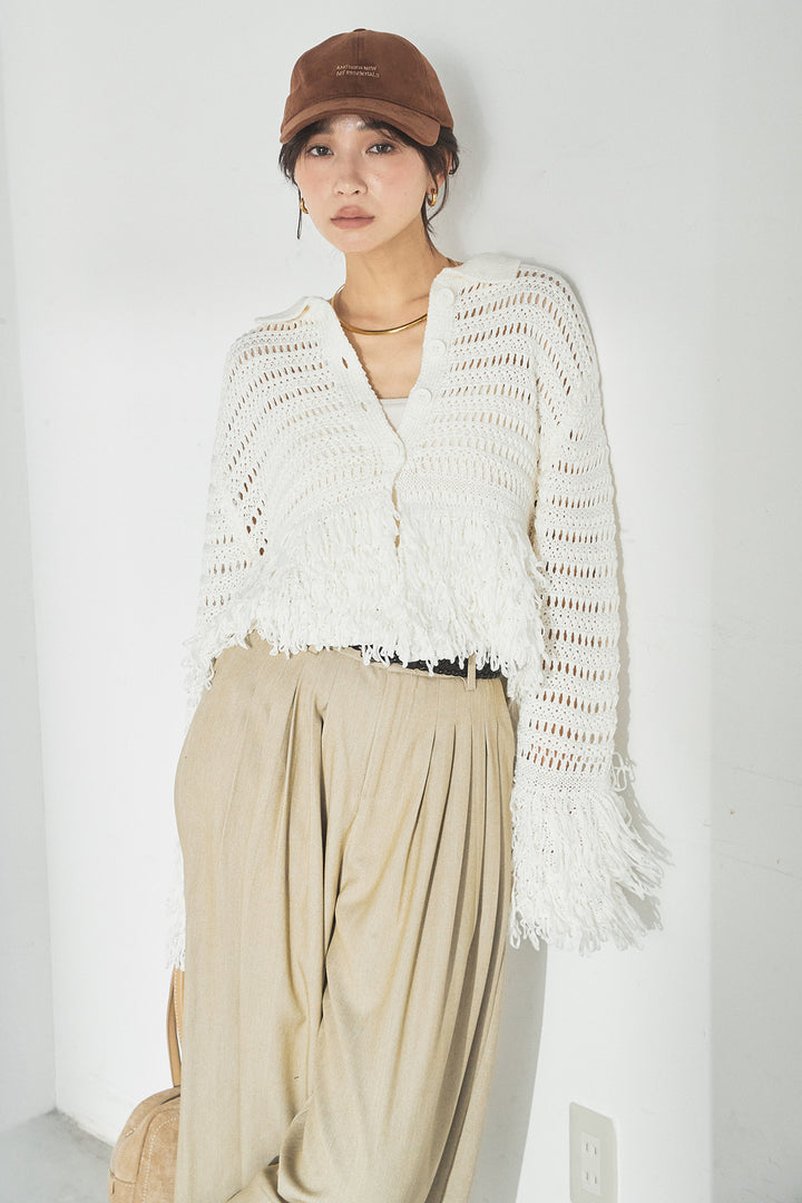 [SET]メッシュフリンジカーディガン+編みベルト付きウエストタックワイドパンツ(2set)