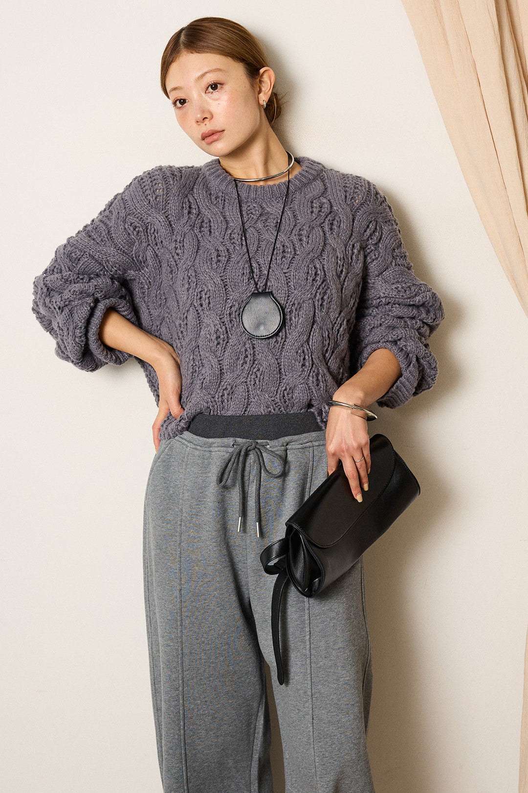 [SET]ケーブルリラックスショートニット+スウェットワイドカーブパンツ(2set)