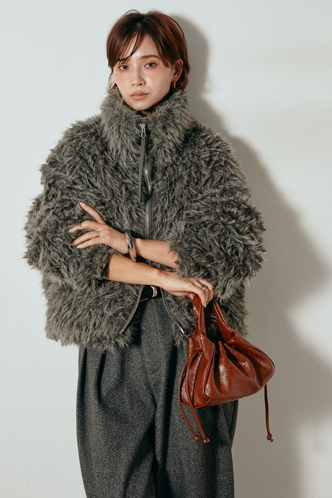 [SET]ミックスシープファースタンドブルゾン+フェイクウールタックトラウザーズパンツ(2set)