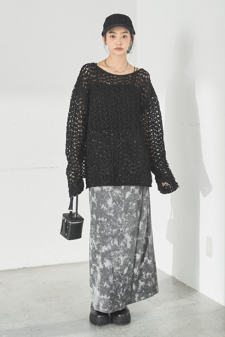 [SET]リラックスメッシュニットトップス+タイダイ柄ベロアワイドスカート(2set)
