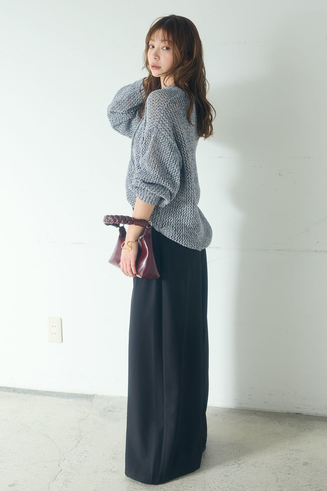 【即納】ミックスメッシュキーネックプルオーバー