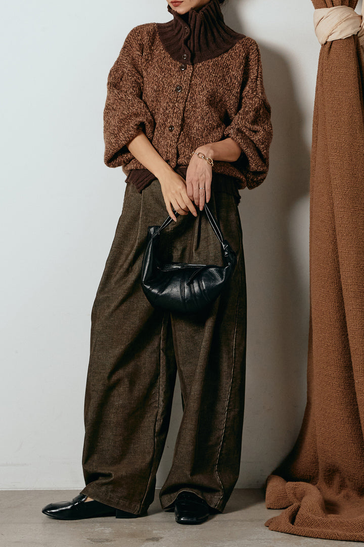 [SET]ハイネックミックスニットカーディガン+フロントタック入りコーデュロイパンツ(2set)