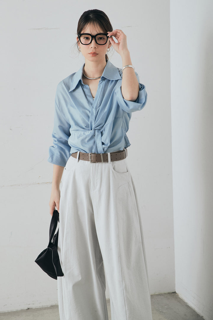 [SET]裾巻きツイストデザインシャツ+ベルト付きサイドタックワイドパンツ(2set)