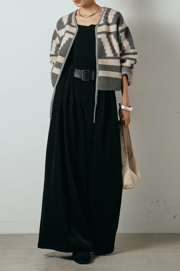 [SET]ノーカラー幾何学模様アウター+ベルトループコーデュロイワイドパンツ(2set)