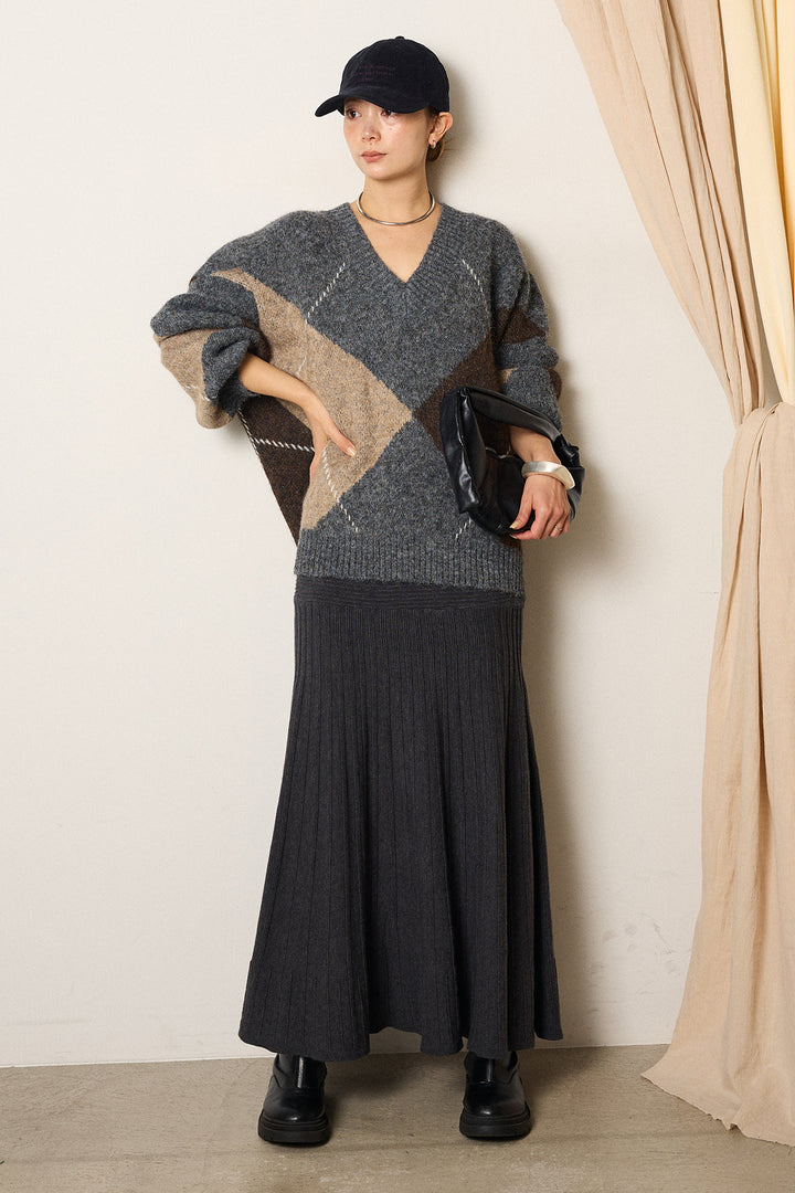 【着回しセット】[SET]ルーズアーガイルVネックニット+編み地切り替えフレアニットスカート+編み地切り替えフレアニットスカート(3set)