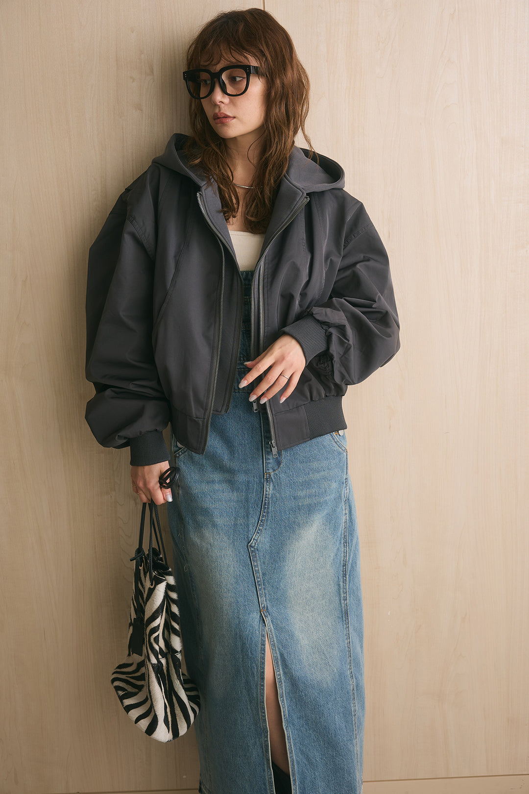 [SET]フード付きMA1+センタースリットデニムサロペスカート(2set)