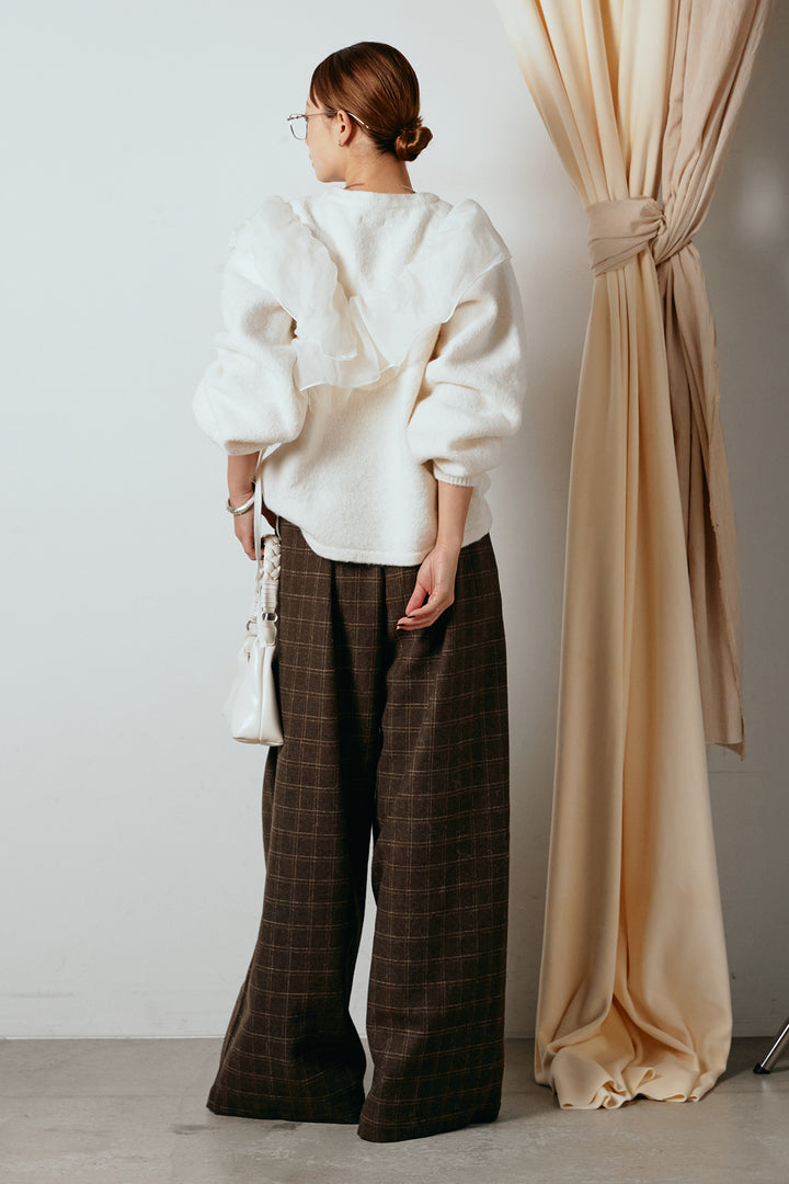 [SET]アシンメトリーフリルニットトップス+ウールライクチェックタックパンツ(2set)