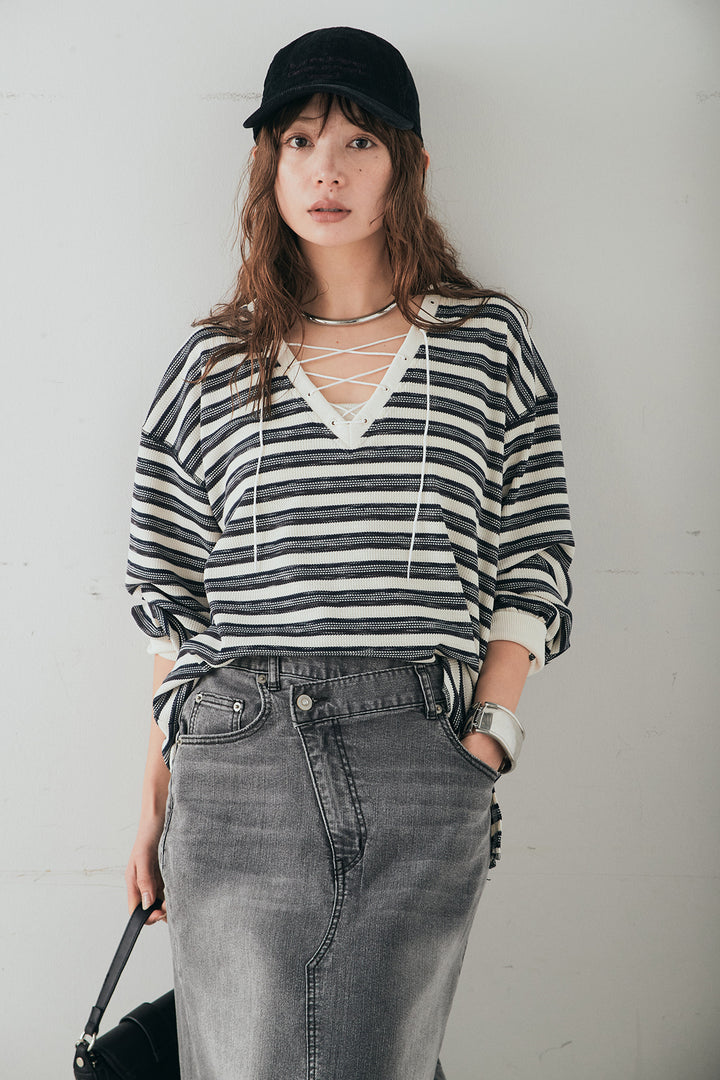 [SET]レースアップワッフルボーダートップス+ウエストクロスデニムタイトスカート(2set)