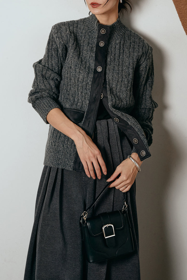 [SET]ボトルネックケーブルニットカーディガン+ベルトループコーデュロイワイドパンツ(2set)