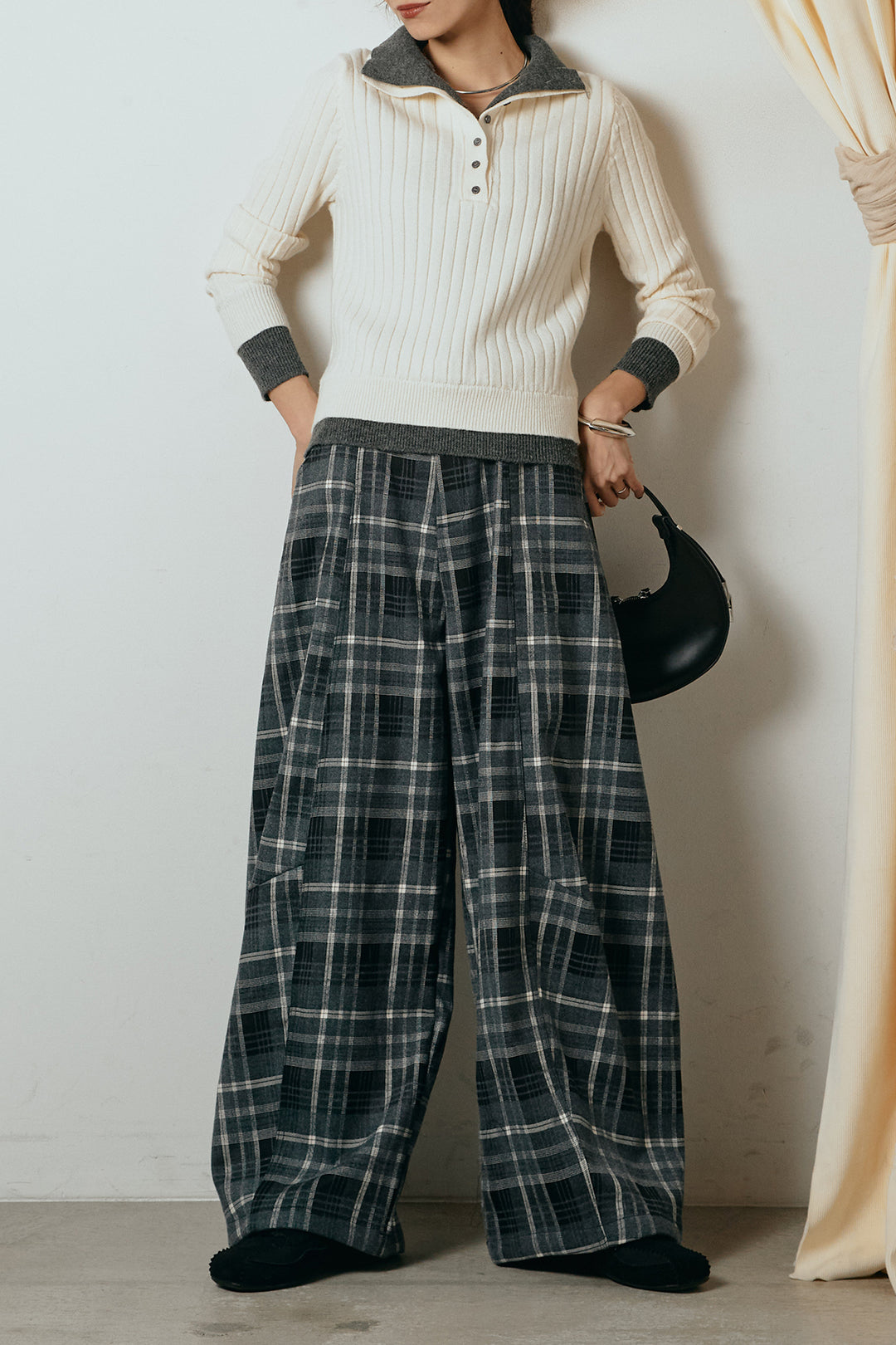 [SET]レイヤード風リブニットトップス+ベルト付きタータンチェックカーブワイドパンツ(2set)