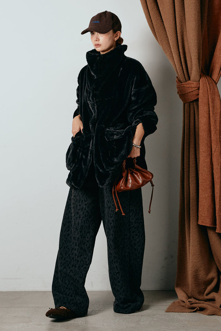 [SET]スタンドネックファーコート+レオパードジャガードニットパンツ(2set)