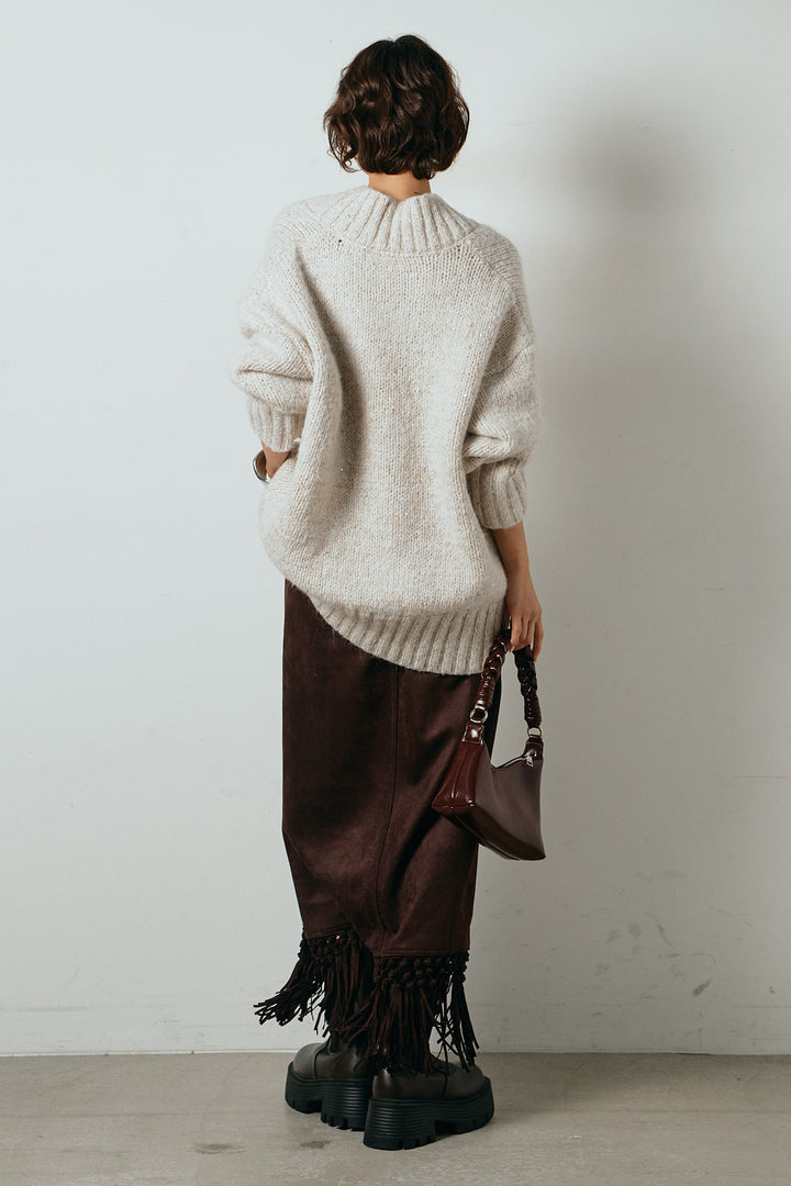 [SET]Vネックラメニットトップス+スウェードライク裾フリンジスカート(2set)