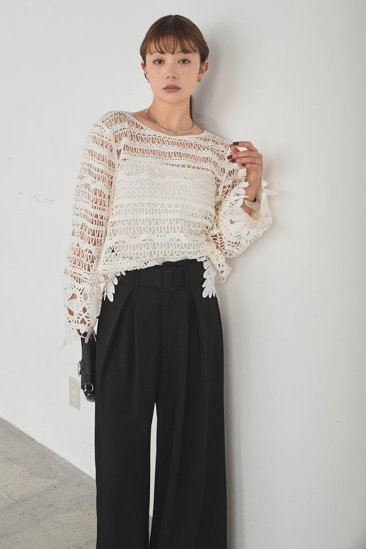 [SET]裾デザインメッシュプルオーバー+ベルト付きツータックワイドパンツ(2set)