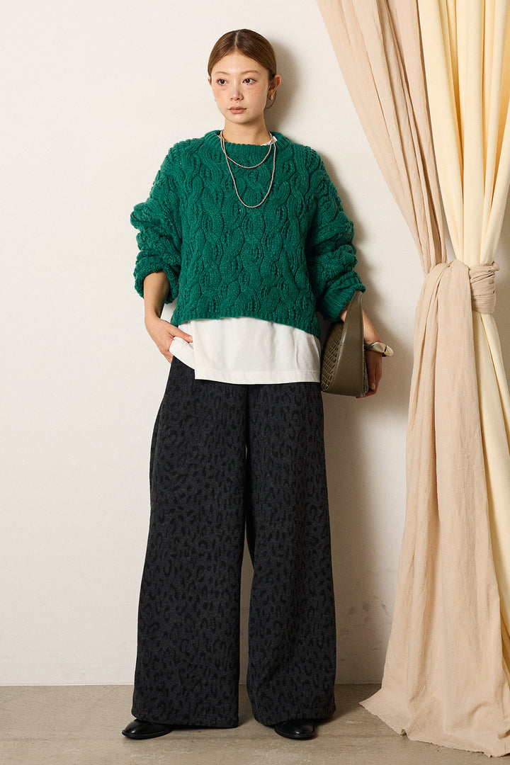 [SET]ケーブルリラックスショートニット+箔プリントBIGシルエットロングスリーブTシャツ+レオパードジャガードニットパンツ(3set)