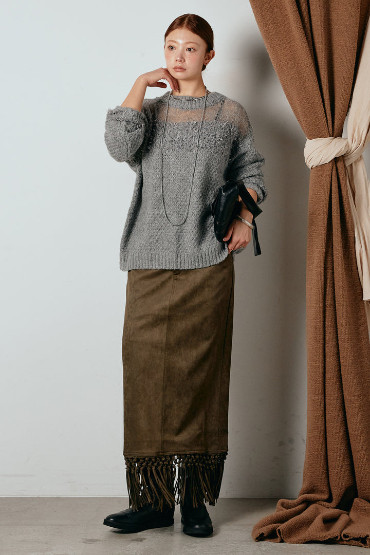 [SET]パターンランダム編みニットトップス+スウェードライク裾フリンジスカート(2set)