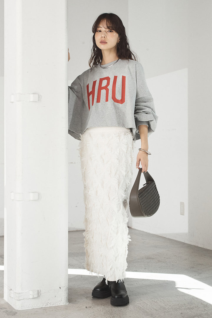 [SET]ビッグロゴHRU袖ボリュームトップス+カットフリンジニットタイトスカート(2set)