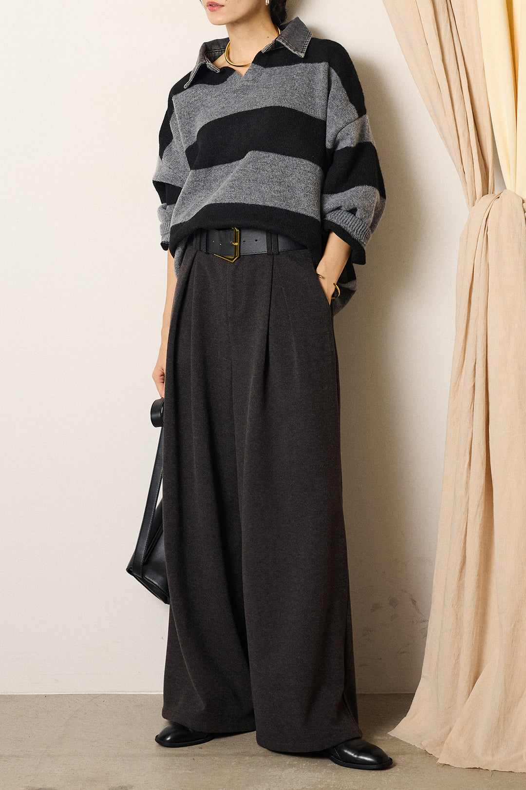 [SET]デニムカラーボーダールーズニット+ゴールドバックル太ベルト付きワイドパンツ(2set)