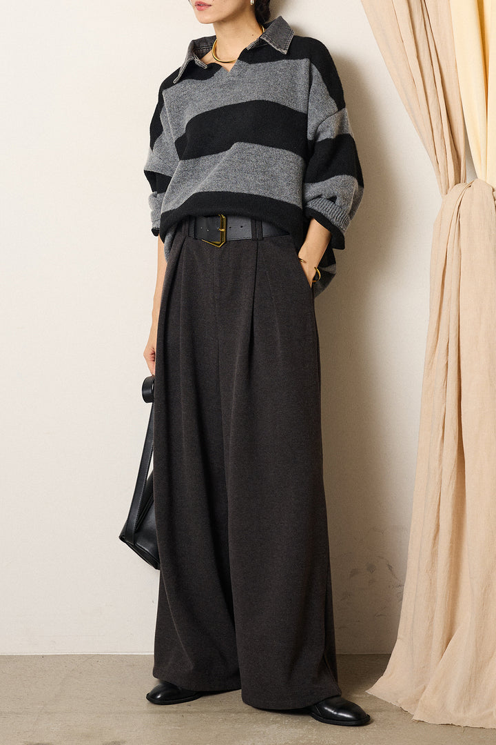 [SET]デニムカラーボーダールーズニット+ゴールドバックル太ベルト付きワイドパンツ(2set)