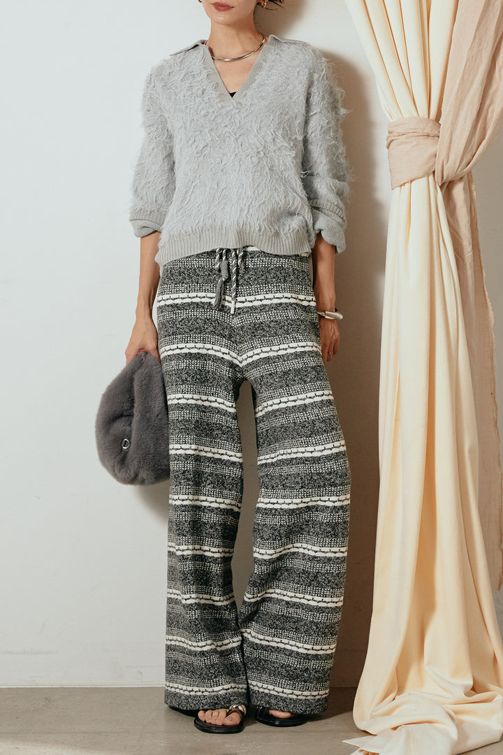 [SET]襟付きシャギーニットポロトップス+マルチライン柄リラックスニットパンツ(2set)