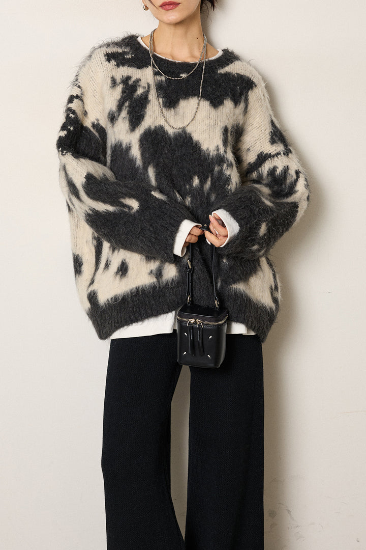 [SET]モヘアタッチマーブルニット+ワイドリブニットイージーパンツ(2set)