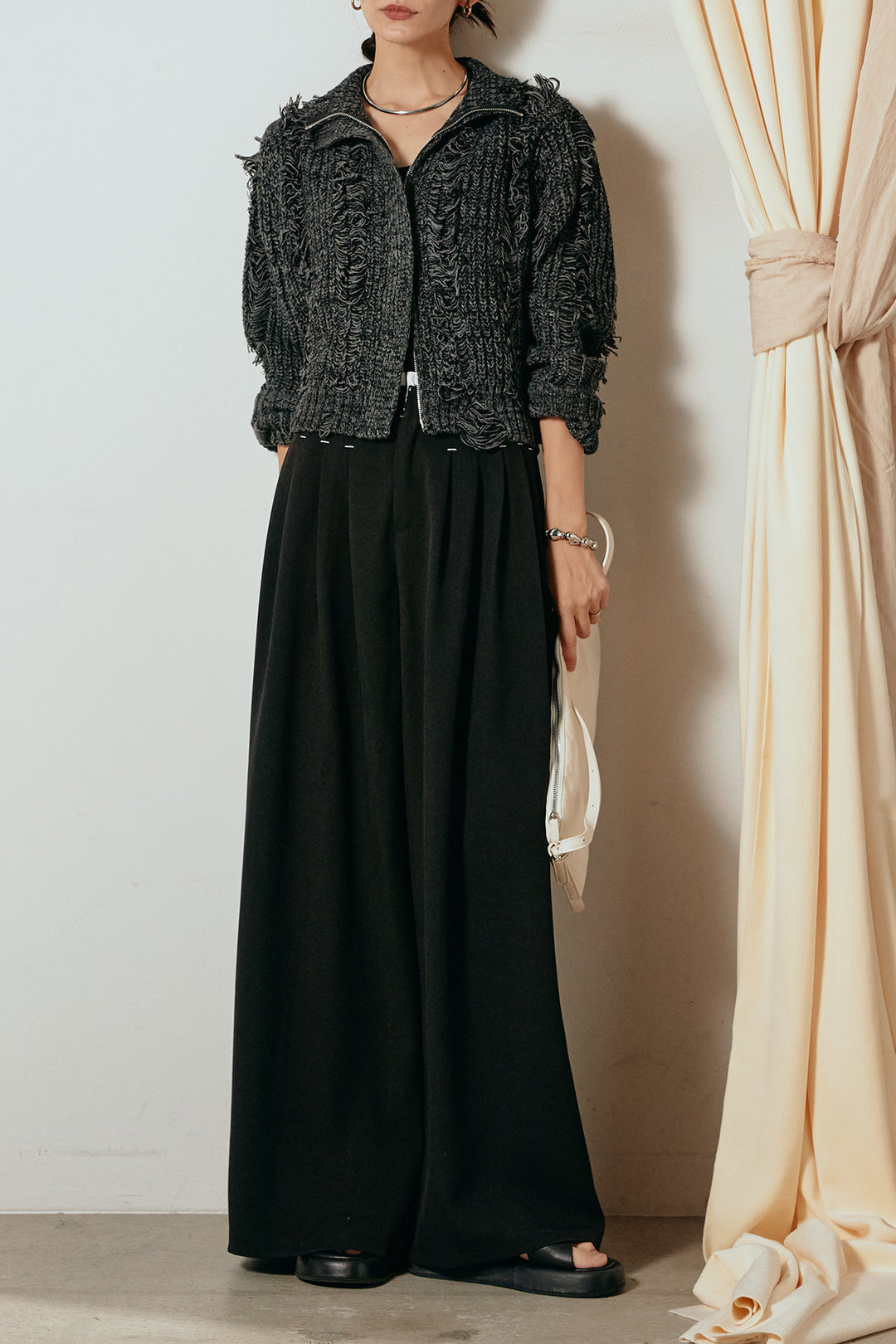 [SET]ハイネックフリンジジップニットトップス+ウエストステッチデザインワイドスラックス(2set)